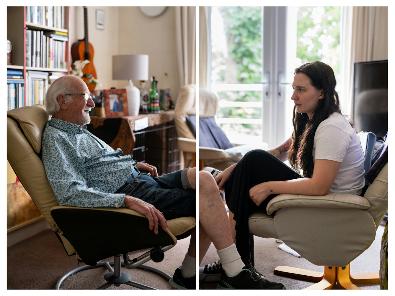 Two photographs next to each other forming a diptych of two people in a living room, sat on armchairs they are facing each other. On the left is an elderly man wearing glasses with white hair and a white goatee beard. On the right is a young woman with long dark hair. She is wearing a white t-shirt and a long dark skirt.