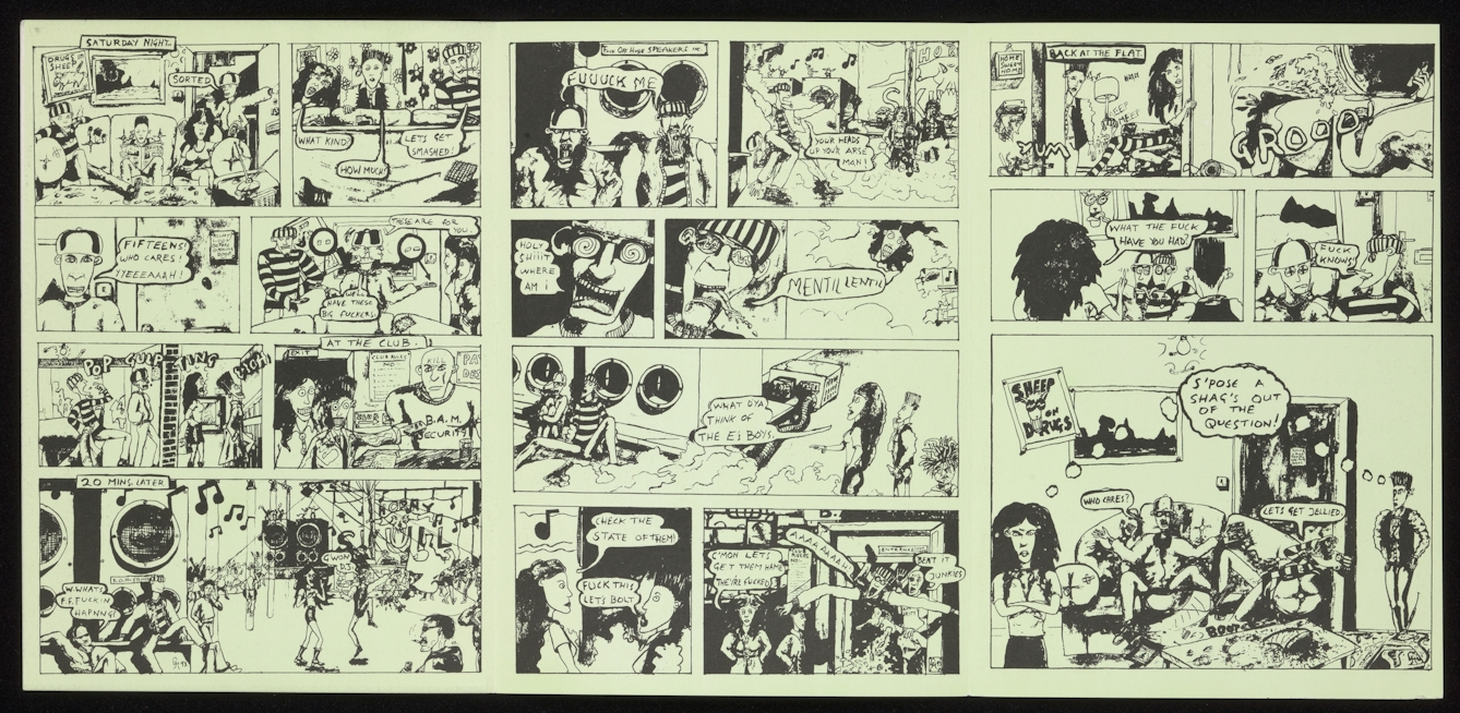 Black and white comic strip on green paper.