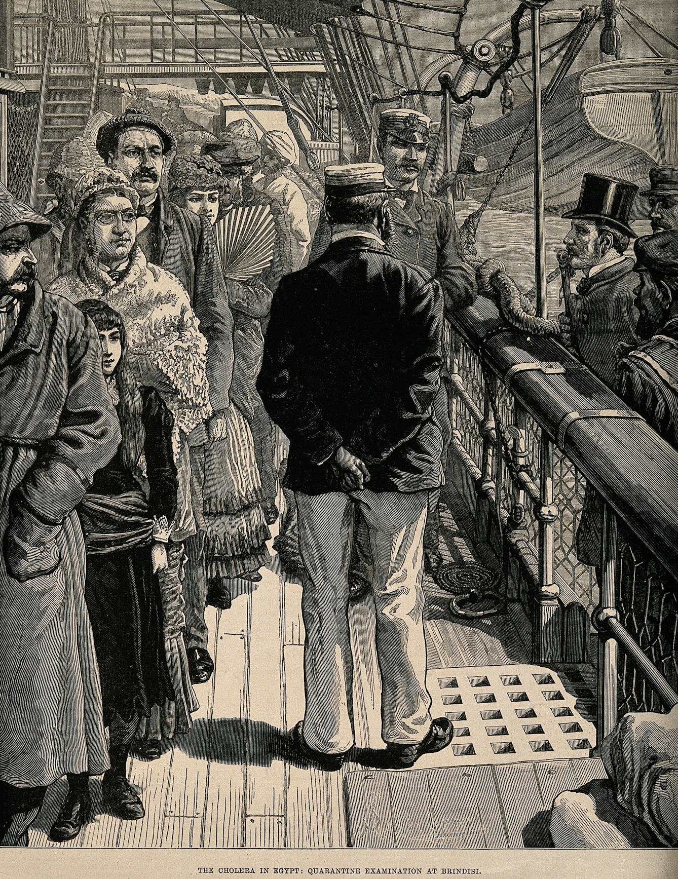 A ship in Brindisi, Italy during a quarantine examination for cholera, 1883