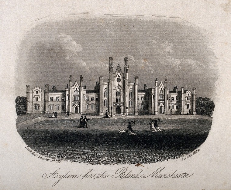 Black and white illustration showing a grand, gothic-looking building. There is a wide expanse of lawn in front of the building where people in Victorian dress are strolling about in pairs.