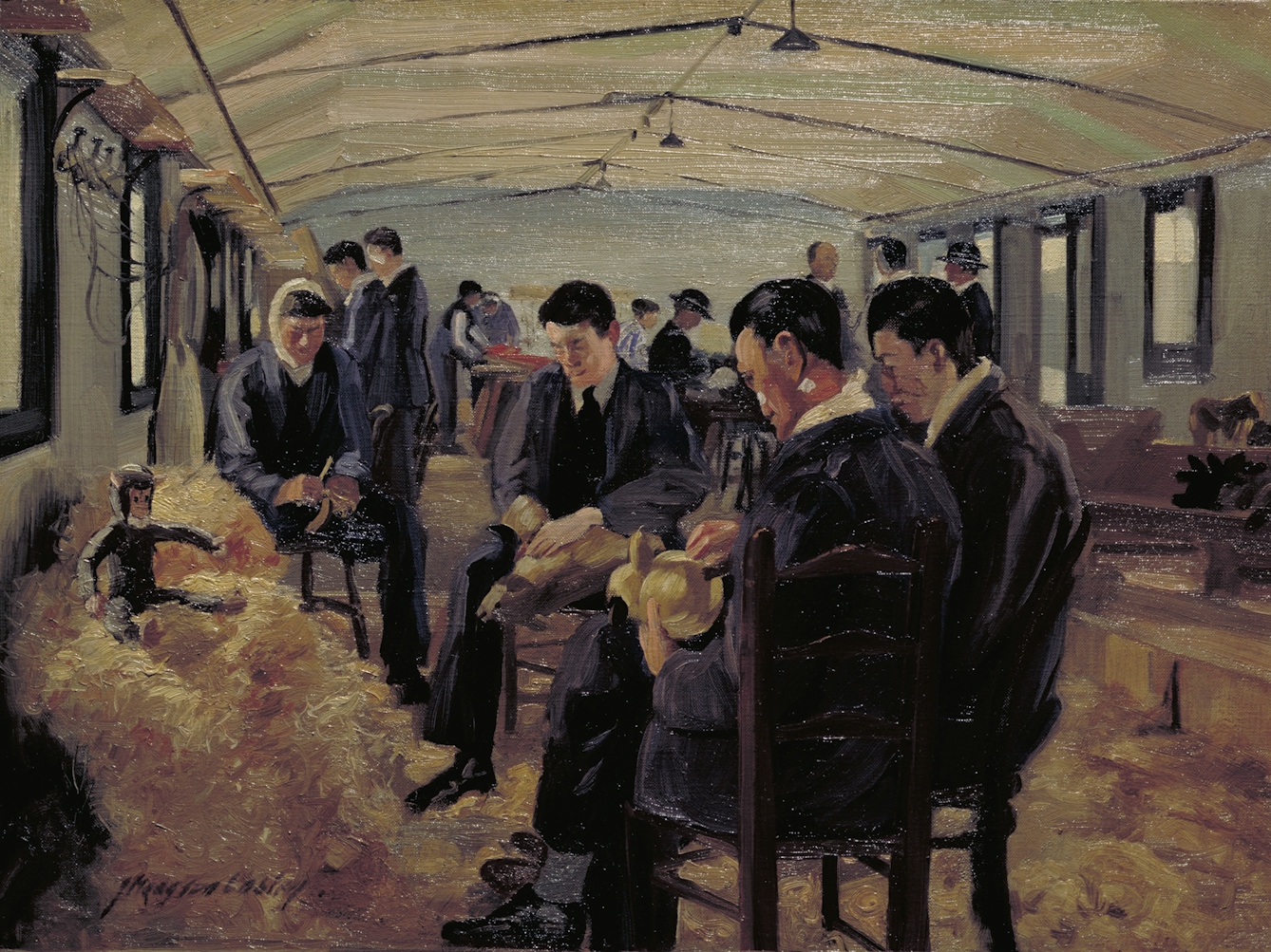 Four men, some with bandaged facial injuries, sitting on chairs in a makeshift hospital room.