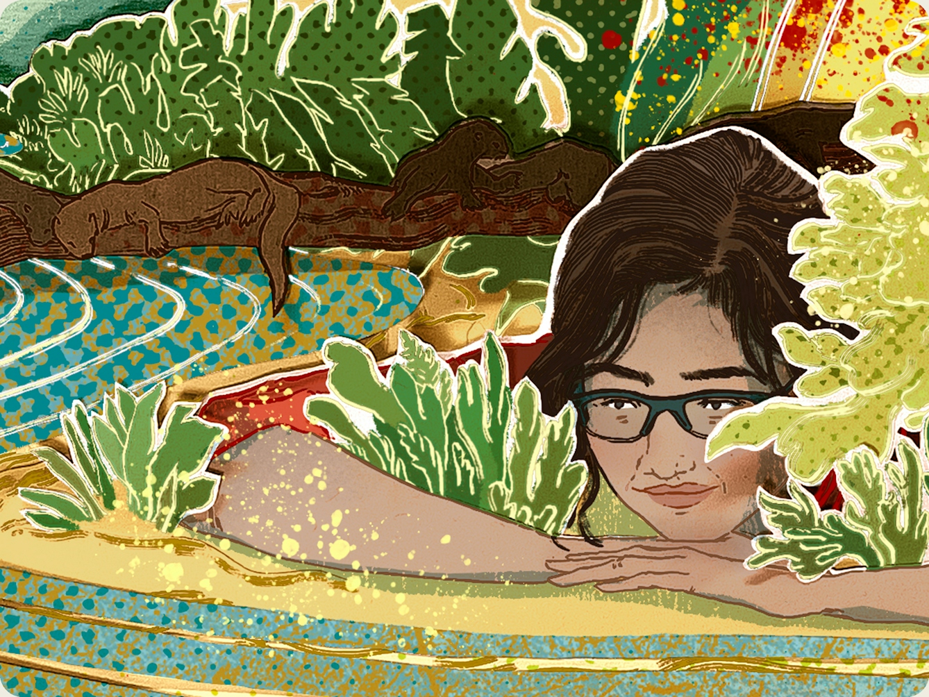 Photograph of a papercut 3D artwork. Detail from a larger artwork, showing a brunette girl wearing framed glasses, resting her head on her hands. She is surrounded by green plants and trees with red and yellow paint splatters. The girl is resting near a river bank, which is a mottled blue and yellow colour with white brush strokes showing its curvature. Four brown otters are shown resting and playing on a branch outstretched across the river.