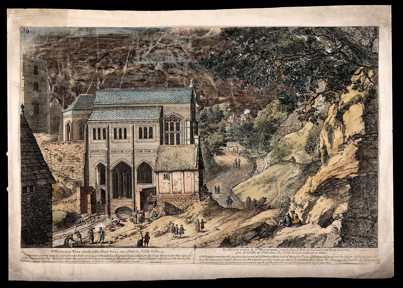 Coloured line engraving depicting St Winifred's Well in Flintshire. The image shows a large stone building over the river where people are washing and collecting water.