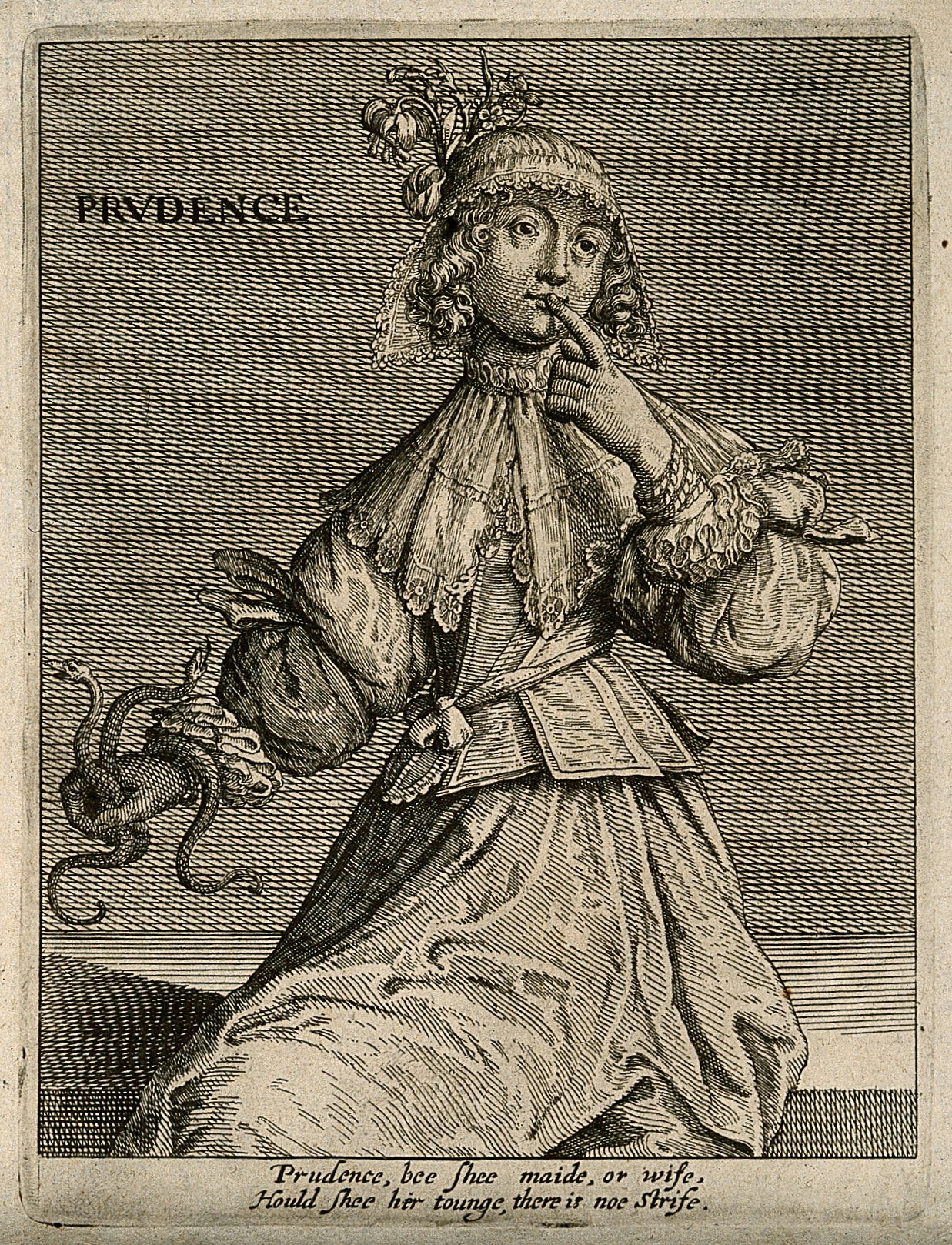 Black and white illustration of a woman holding snakes in one hand and holding the other hand to her lips.