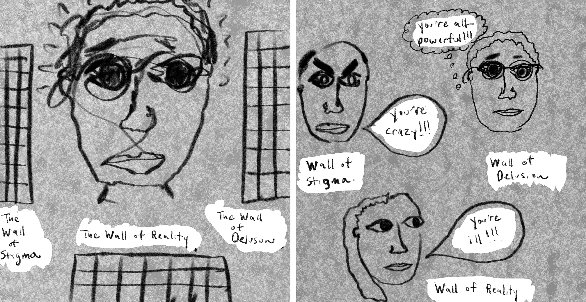 First two panels from an 8 part comic called Dissonance. The panels show crudely drawn heads drawn in thick black lines against a mottled grey background. They talk about the artist's struggle between reality, delusion and stigma during a psychotic epidsode.