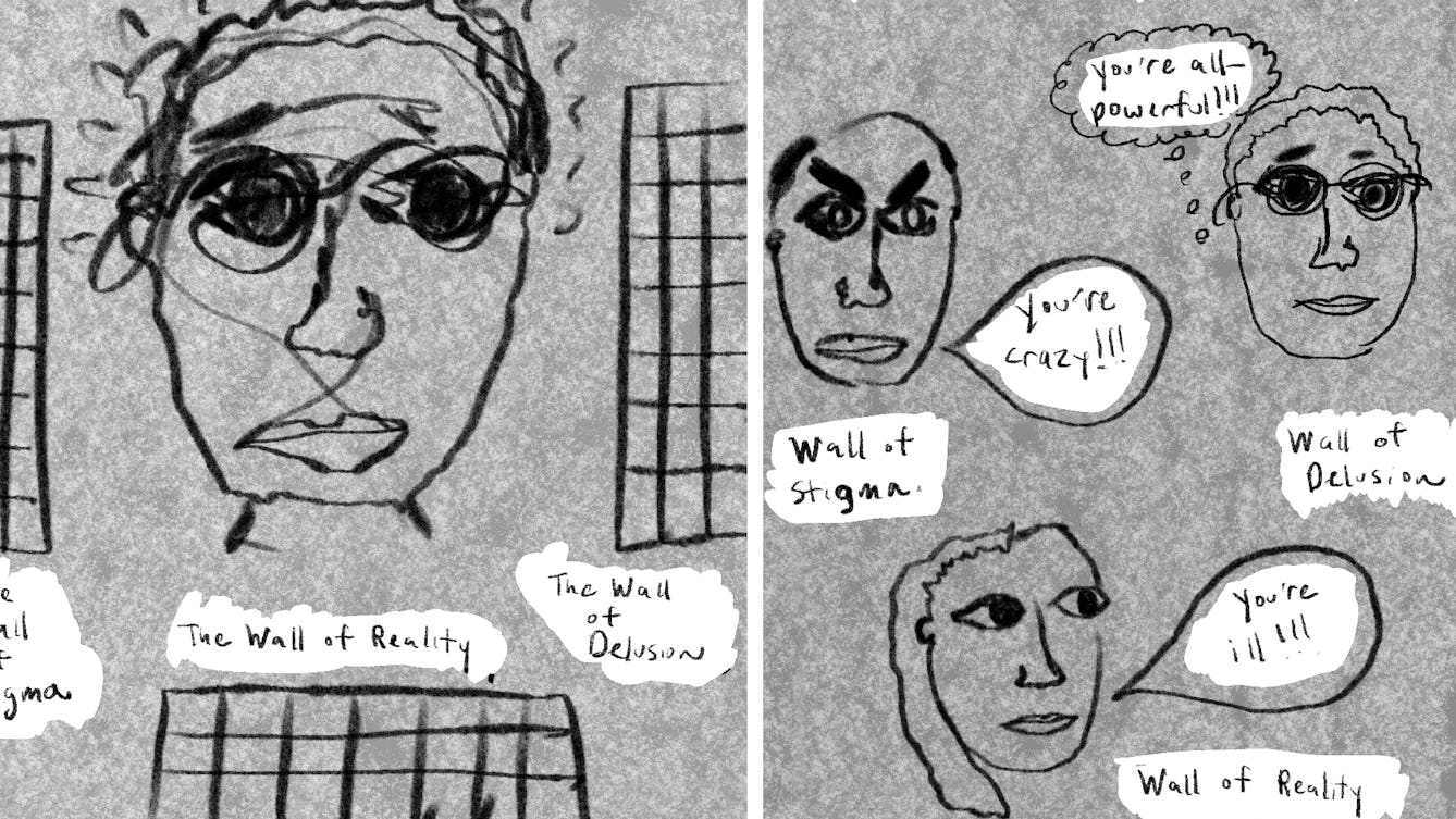 First two panels from an 8 part comic called Dissonance. The panels show crudely drawn heads drawn in thick black lines against a mottled grey background. They talk about the artist's struggle between reality, delusion and stigma during a psychotic epidsode.
