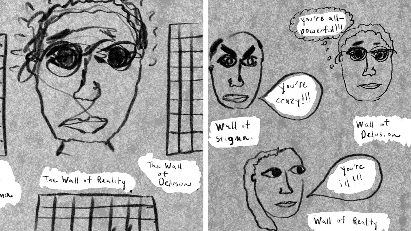 First two panels from an 8 part comic called Dissonance. The panels show crudely drawn heads drawn in thick black lines against a mottled grey background. They talk about the artist's struggle between reality, delusion and stigma during a psychotic epidsode.