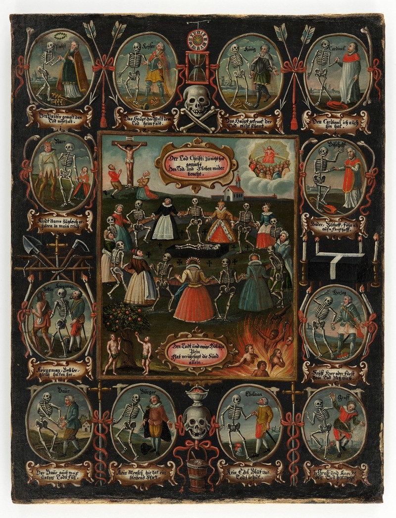 A portrait 18th century German painting of dancing skeletons 