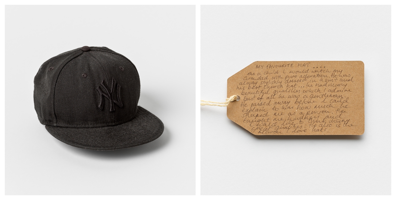 Photographic diptych showing a handwritten brown card label on the right and a black baseball cap on the left.