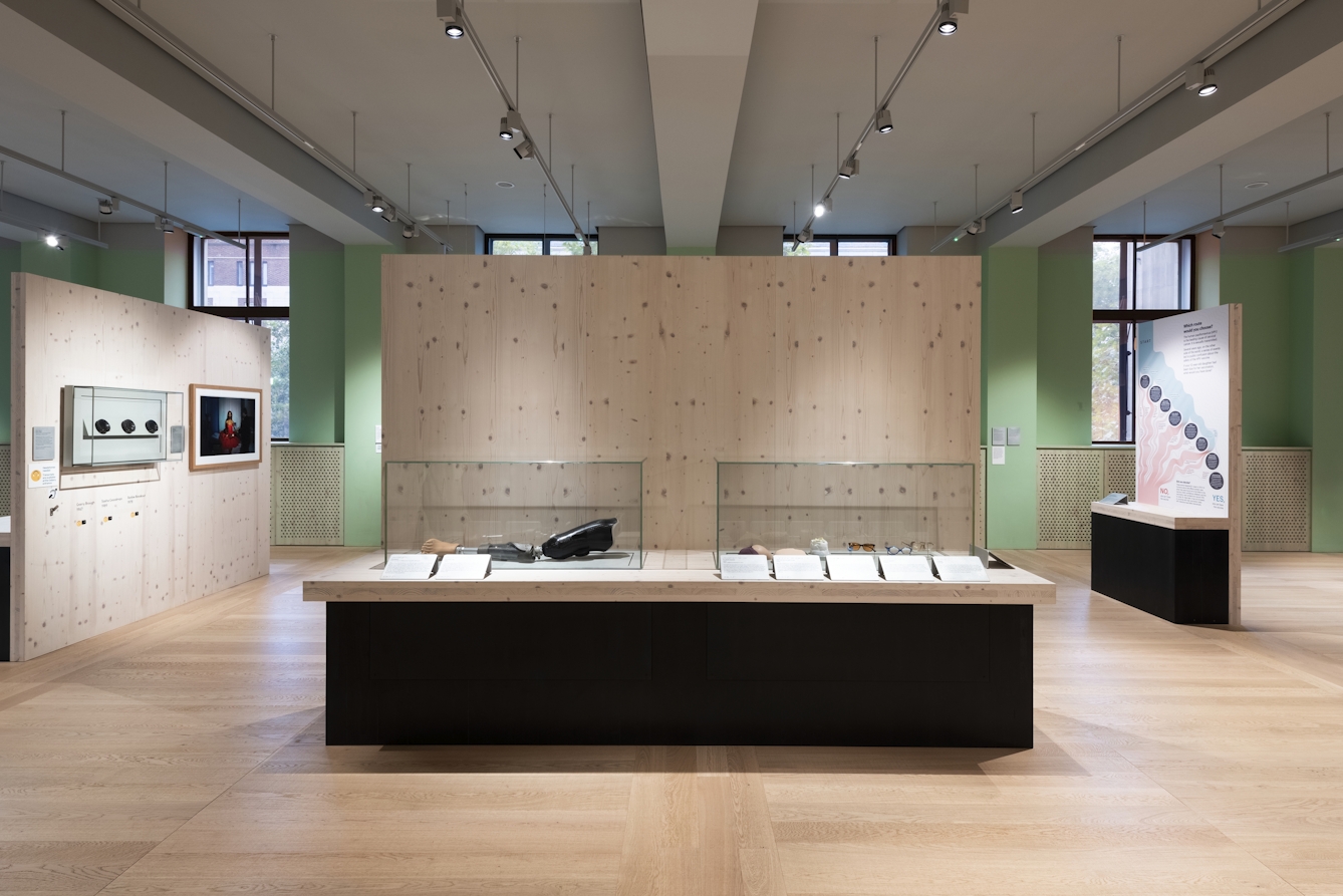 A photograph showing two glass cases side by side displaying exhibits at waist height in the Being Human exhibition. The glass cabinets are surrounded by pale wooden panelling, and are on black plinths. The wall behind with windows overlooking Euston Road is painted a pastel green.  Other freestanding panelling can be seen with exhibits including a painting. 