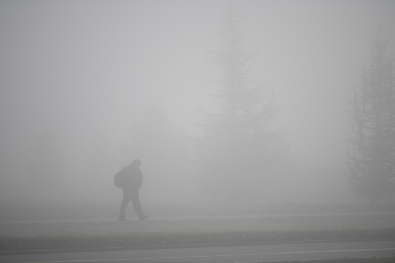 Photograph of a man with a rucksack walking on a road. His back is turned and he is looking down whilst walking. In the background are some fir trees, enveloped by mist and fog. 