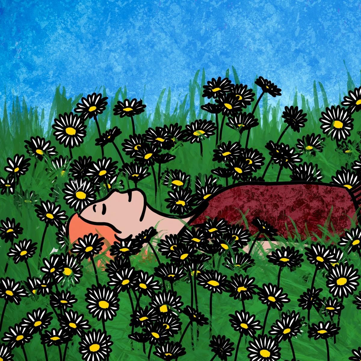 Colourful digital artwork showing a woman lying on her back in a green grassy field with large daisy like flowers. She is wearing a maroon dress and has her eyes closed. Her mouth is curved into a contented smile. Above her is a mottled blue sky. There is a sense of peace and harmony.