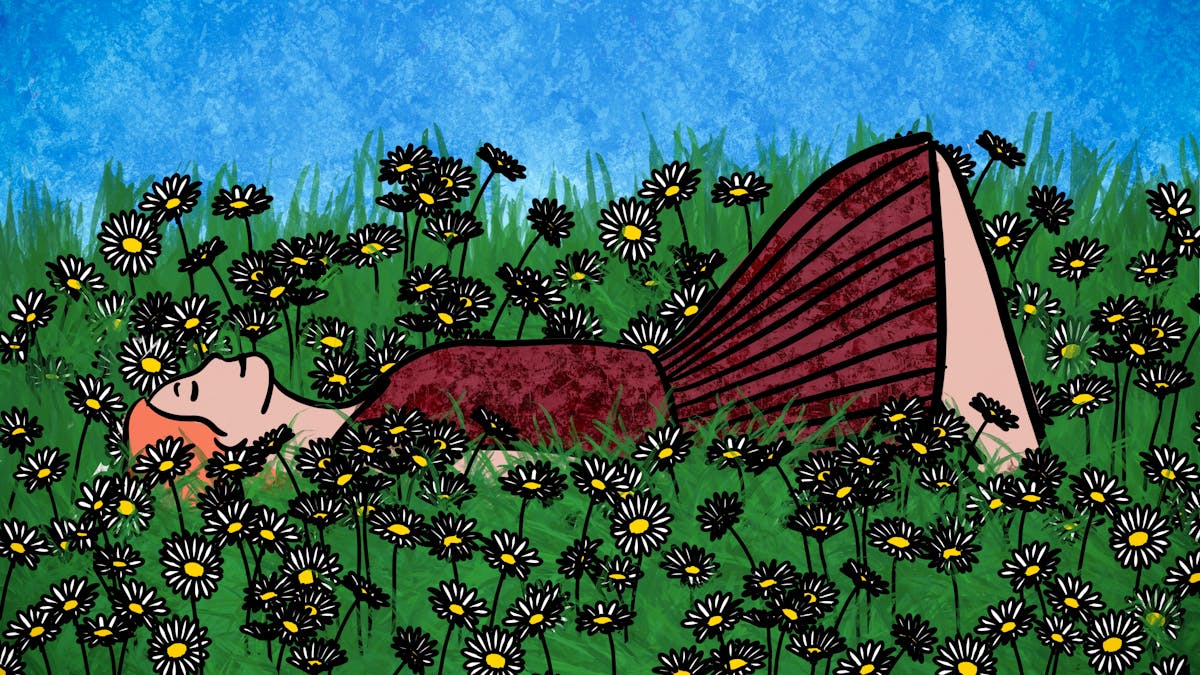 Colourful digital artwork showing a woman lying on her back in a green grassy field with large daisy like flowers. She is wearing a maroon dress and has her eyes closed. Her mouth is curved into a contented smile. Above her is a mottled blue sky. There is a sense of peace and harmony.
