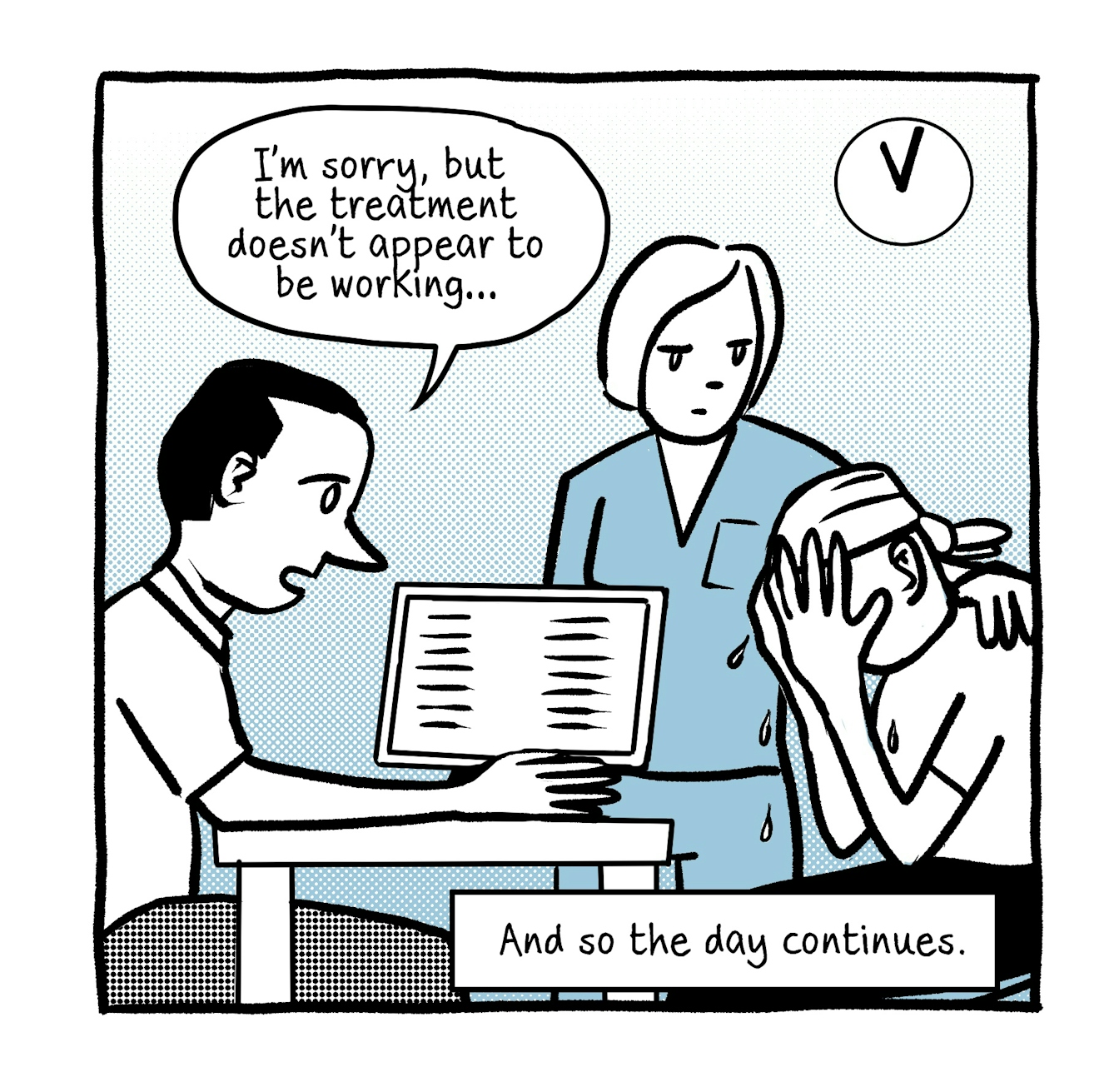The second panel shows the same GP sitting at his consulting desk. Across the desk is a patient with their head in their hands sobbing. Standing beside them is a nurse with their hand on the patient's shoulder. The GP is saying "I'm sorry, but the treatment doesn't appear to be working..." The clock on the wall behind shows 11am. A text box at the bottom of the panel says "And so the day continues."