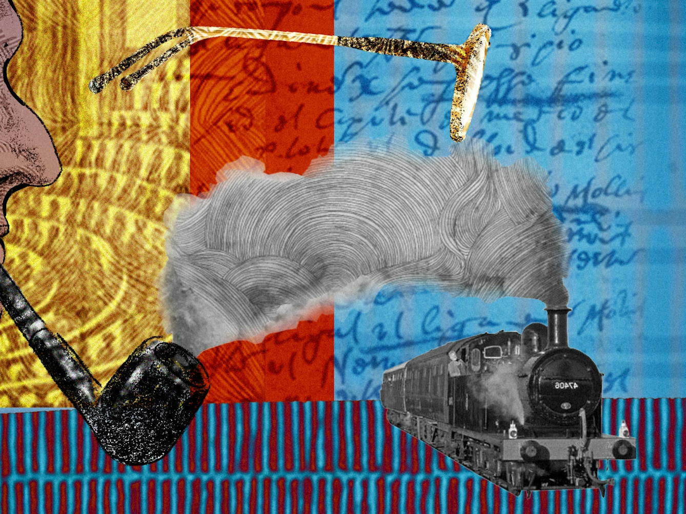 An abstract digital illustration featuring a head and shoulders portrait of a man in profile facing right, smoking a pipe, depicting the writer Jacques Derrida. In the background is a collage of handwritten notes and archive material depictions of a lecture theatre and x-rays. To the right are a floating pair of glasses and a steam train.