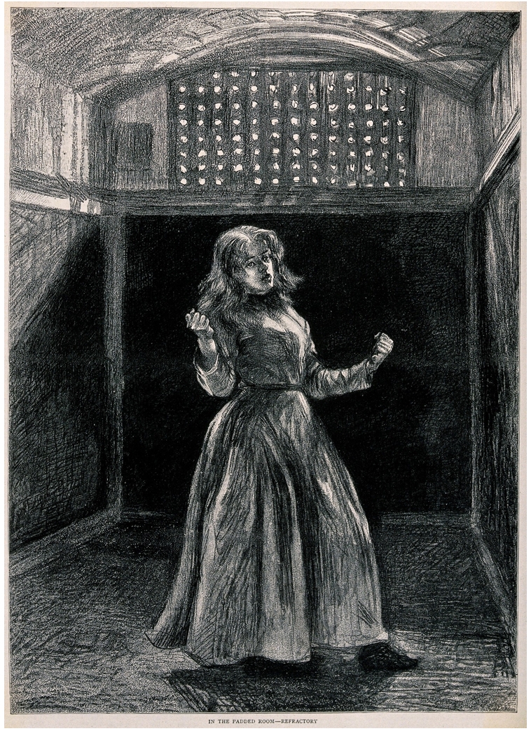 Woking Convict Invalid Prison: a woman prisoner in solitary confinement. Process print after P. Renouard, 1889.