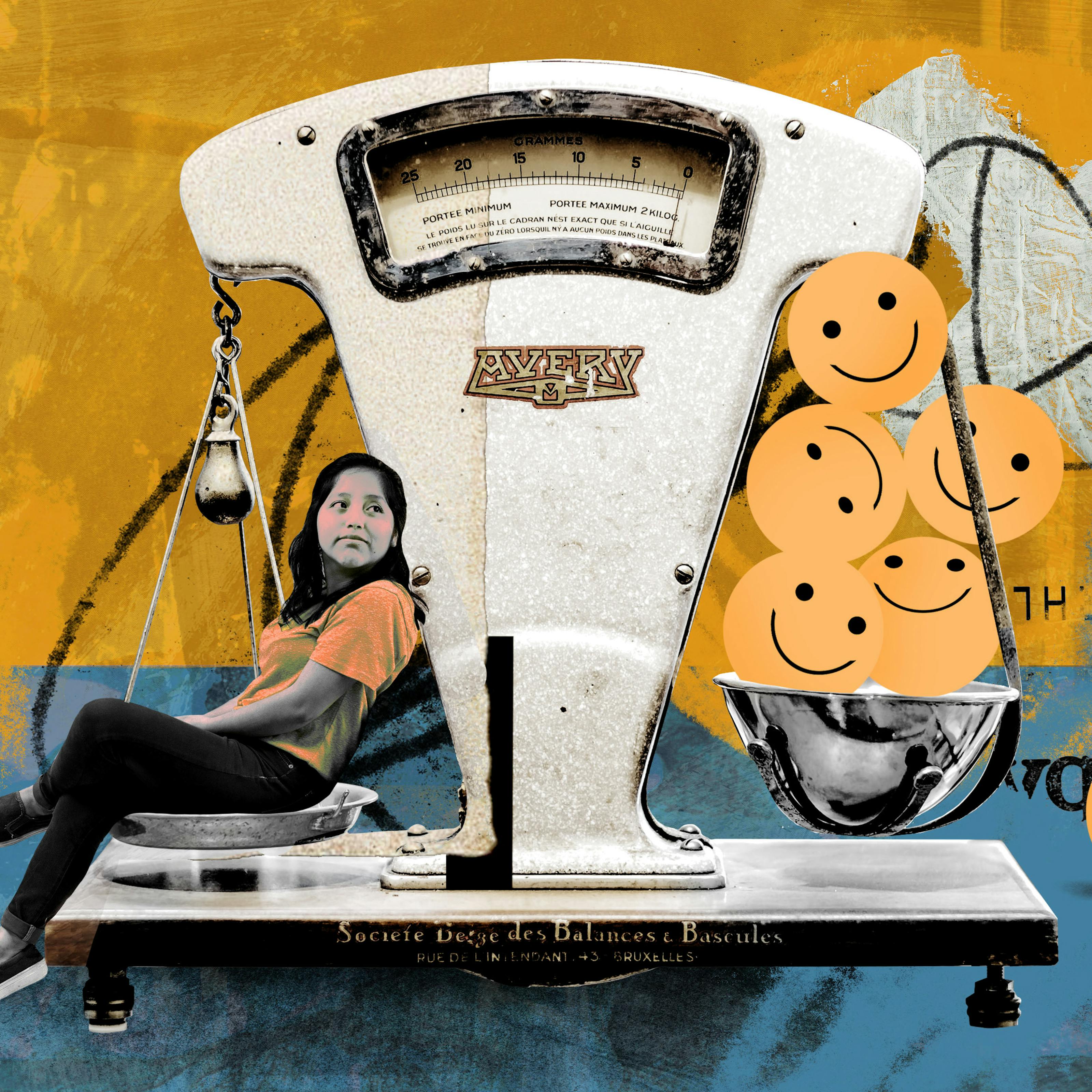 Colourful collage artwork with various elements.

The central element is a two-sided balance scale. In one of the measuring cups there is an image of a young woman sitting, she is wearing an orange t-shirt and black jeans. In the other cup are some smiley faces, one of them has fallen towards the ground. This side of the scale is higher than the side with the woman in it. 

Behind the scales, the top half of the background is yellow and has a white cross sign painted on it. The bottom half is blue, with some text written on it. 
