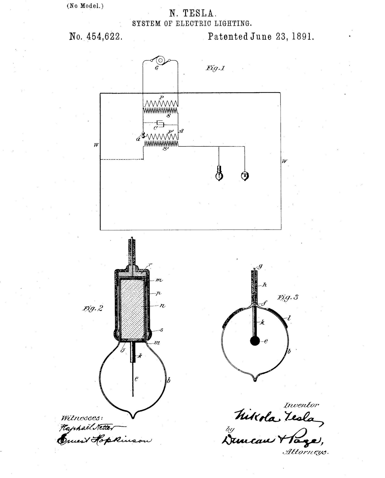 Black and white drawing of an electrical circuit with a light bulb, labelled N. Tesla System of Electric Lighting and signed by Tesla under the word inventor.