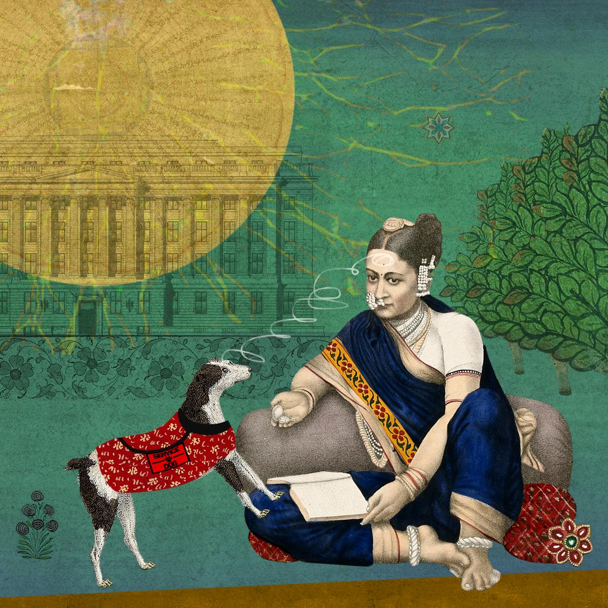 Illustration using a collage technique of archive material, etchings and drawings. The image shows a scene made up of mainly green and yellow hues. To the right of centre is a woman sitting on the ground a book open on her lap. In front of her a black and white dog wearing a red jacket with the words 'service dog' written on the side, rest their front paws on her leg. A white spiralling line links their foreheads together. To the left of the illustration flowers and exotic birds rest on branches. In the background the faint front elevation of a building can be seen, over which a large golden illustration of a sun radiates outwards.