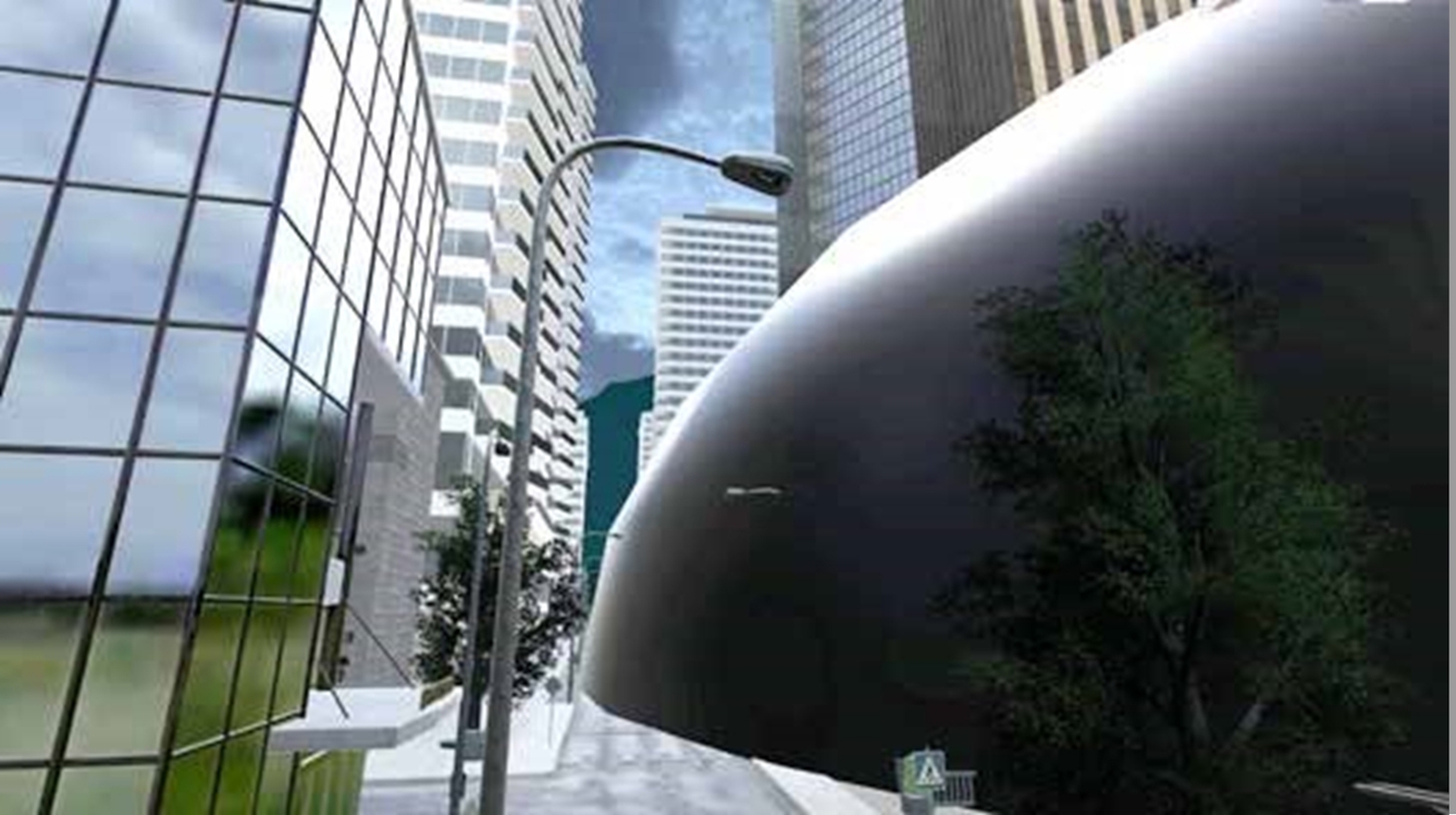 In a modern city background with tall steel and concrete buildings an huge black domed form fills half the image