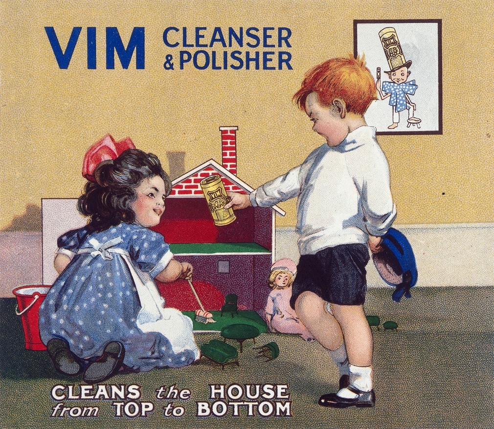 Advert in colour - drawing of a girl cleaning a doll's house and a boy passing her a tin of 'vim'.