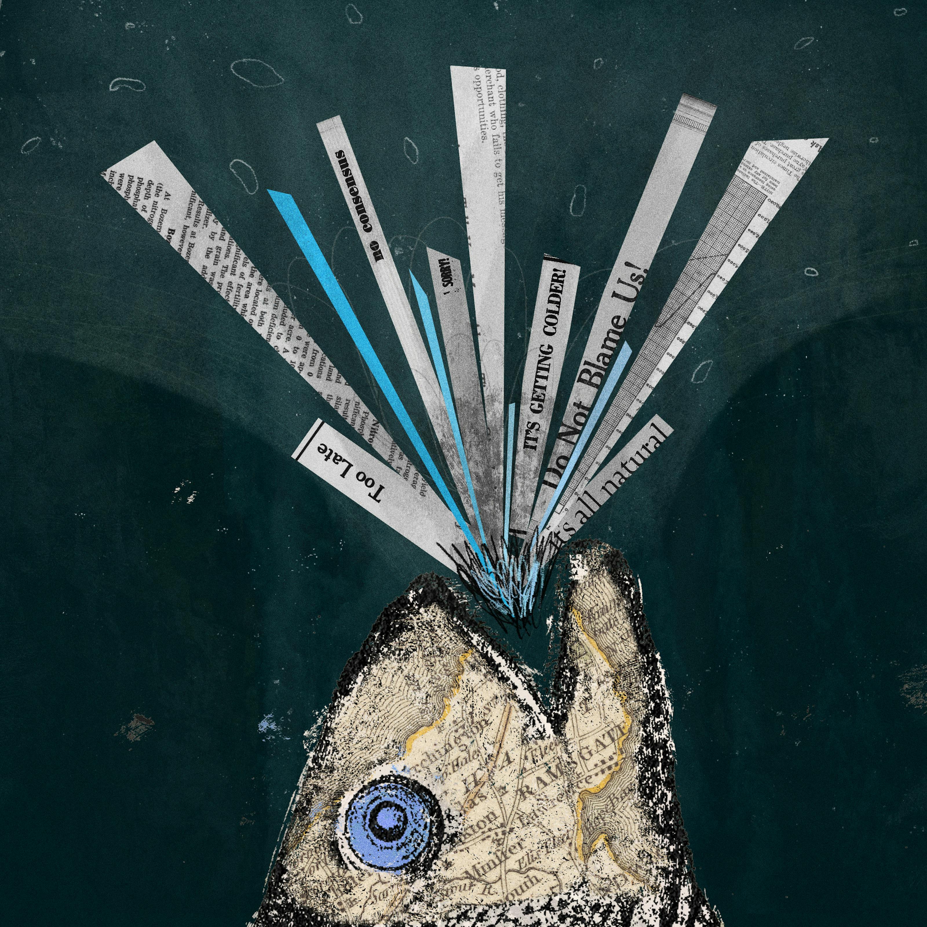 Mixed media digital artwork combining found imagery from vintage magazines and books with painted and textured elements. The overall hues are blues, yellows and greys. The illustration is split in two by a light grey and blue line running vertically through the image at a slight angle. On the left side of this line is a colour image of a fish floating vertically with its head upwards. The fish's scales are made up of a map showing the island of Thanet in Kent, England. The fish has a large blue eye and out of its mouth are several cut strips of newspaper text and headlines. The background is a dark rich marine blue representing water, speckled with air bubbles and debris. On the right side of the vertical lines, the image of the fish is duplicated and enlarged to reveal it in more detail. The newspaper text can now be read including the headlines, 'Too Late', 'It's getting colder!', 'no consensus', 'do not blame us' and 'it's all natural'.