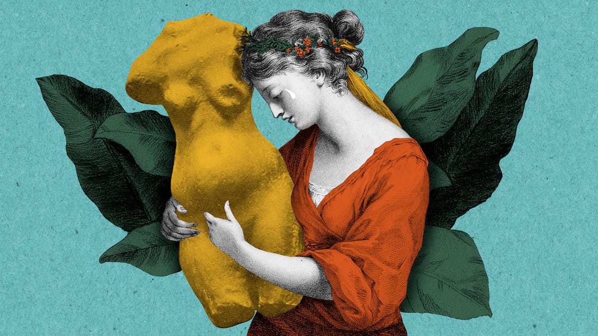 Mixed media collage of a woman holding the torso of a female statue as she sheds a tear.  In the background behind the woman is a bed of leaves.  The image has been created from colourised black and white assets using orange yellow and green tones, and sits on a teal background.
