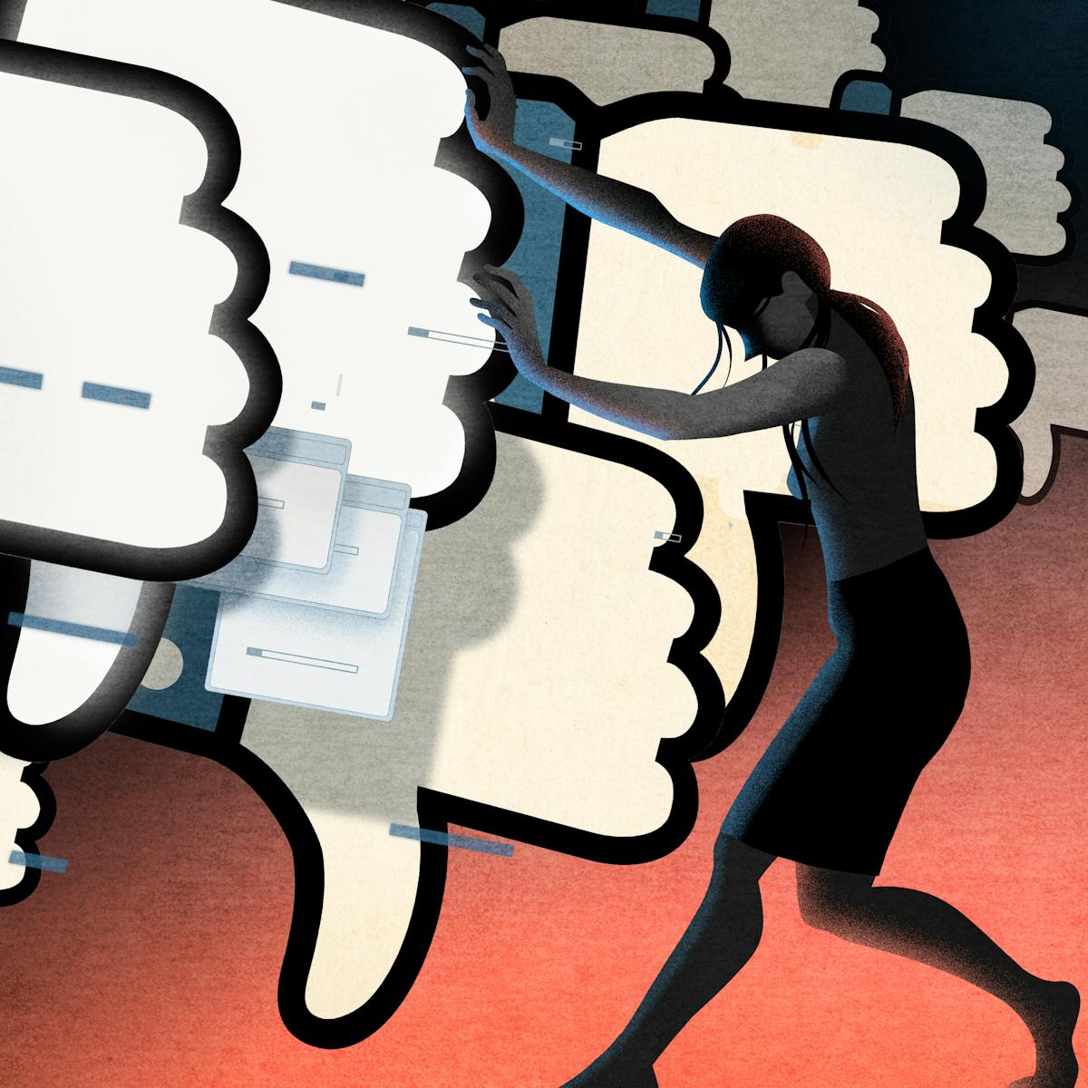 Illustration of a full length female figure on the right hand side who is bracing herself against a raft of large 'thumbs down' computer internet graphics which are all bearing down on her. In amongst the 'thumbs down' are small computer dialogue boxes and loading progress bars. The hues of the illustration are muted reds, blues and whites.