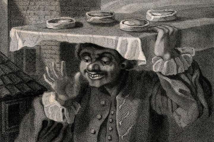 Engraving of a baker with a toothy grin carrying a tray of pies on his head.