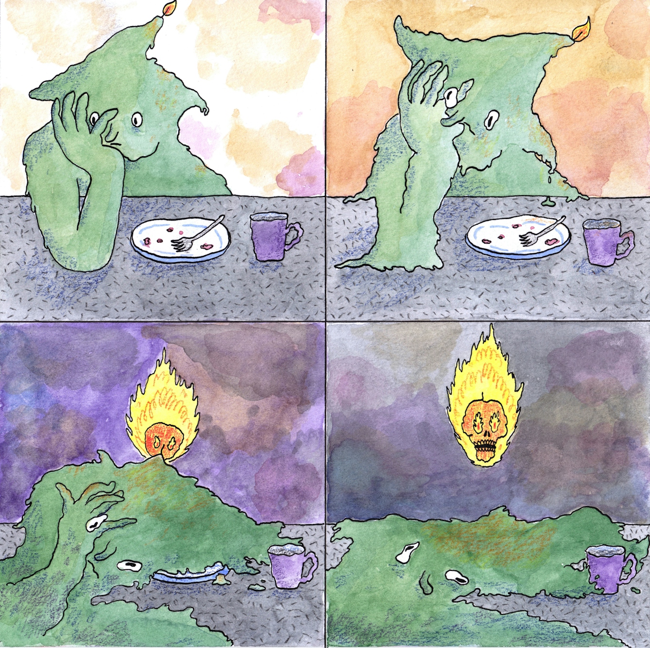 Four-panel comic depicting a sad candle leaning on its hand with an empty plate and mug in front of it. As the panels progress, the candle-person melts leaving only a puddle and a flaming skull.