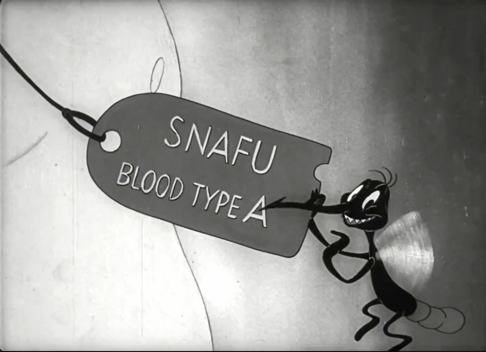 Black and white still image from the film 'Private SNAFU vs. Malaria Mike', showing Mosquito Mike holding onto and pointing at Snafu's dog tag, which reads 'SNAFU, BLOOD TYPE A'.