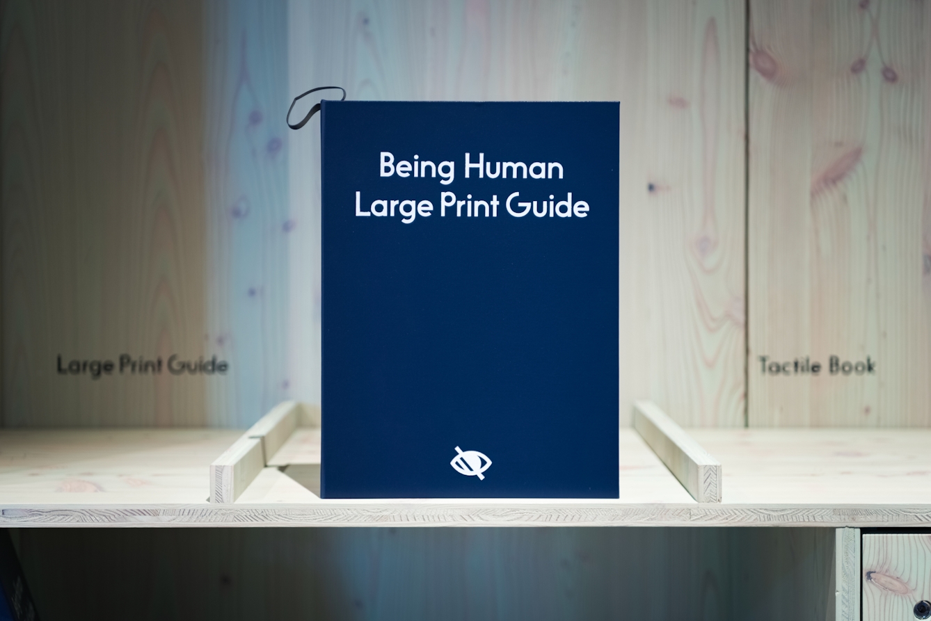 A photograph of the Being Human Large Print Guide with white text on a blue background displayed upright on a wooden panelled surface and surround. 