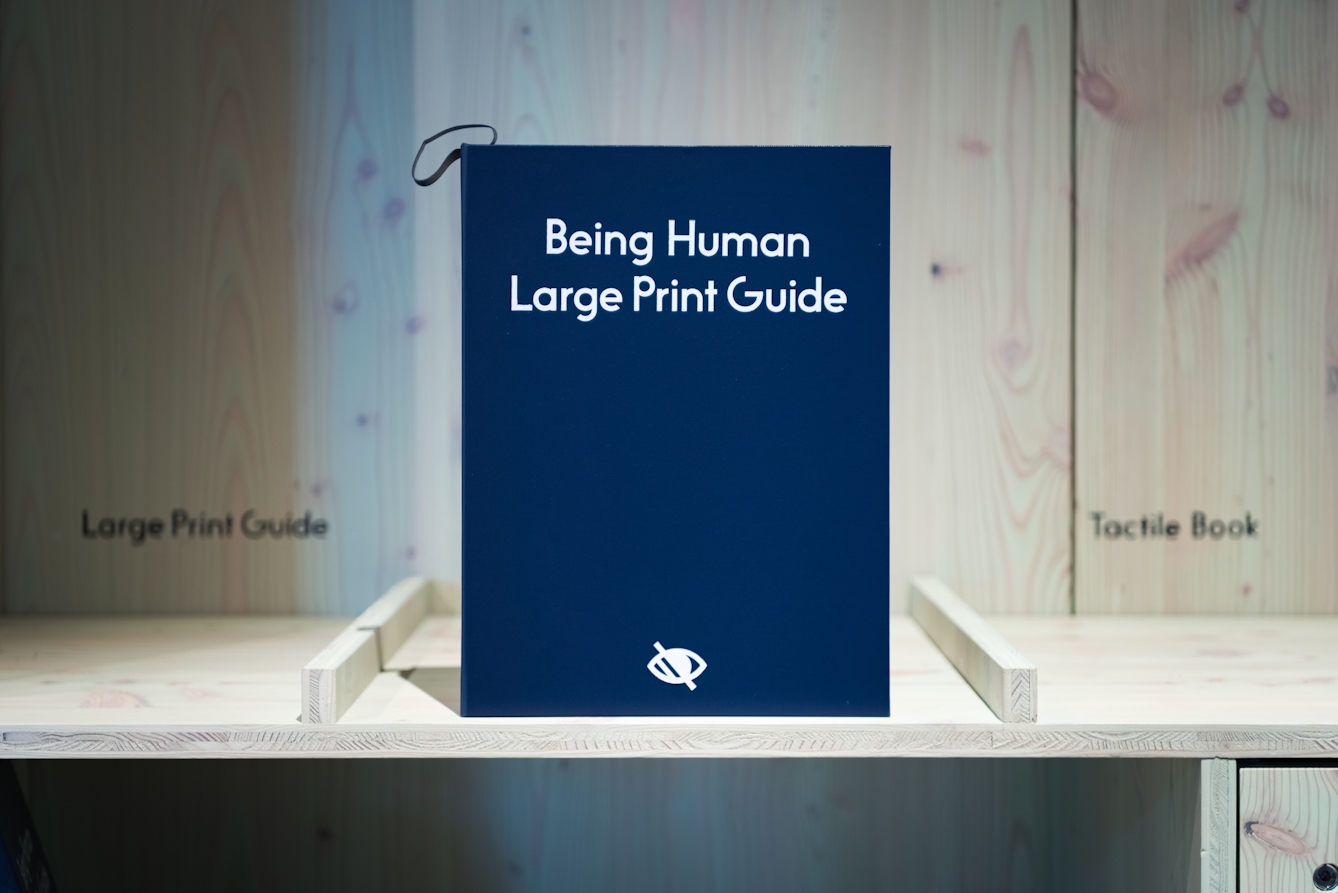 A photograph of the Being Human Large Print Guide with white text on a blue background displayed upright on a wooden panelled surface and surround.