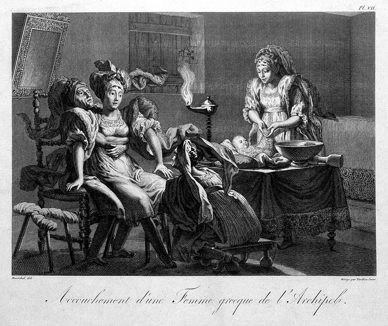 Black-and-white etching showing a seated Greek woman on an obstetrical stool being held in position by her husband while giving birth aided by a midwife, another attendant dresses the first baby.