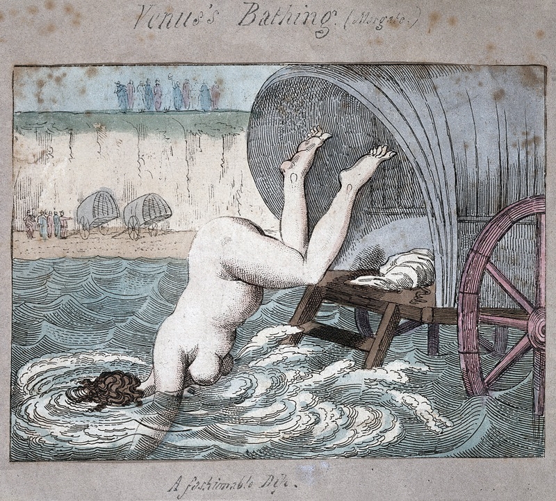 Coloured etching of a naked woman diving into the sea from a bathing cart, behind her figures stand on the beach next to two other bathing machines and more figures stand on the cliff top looking out to sea.