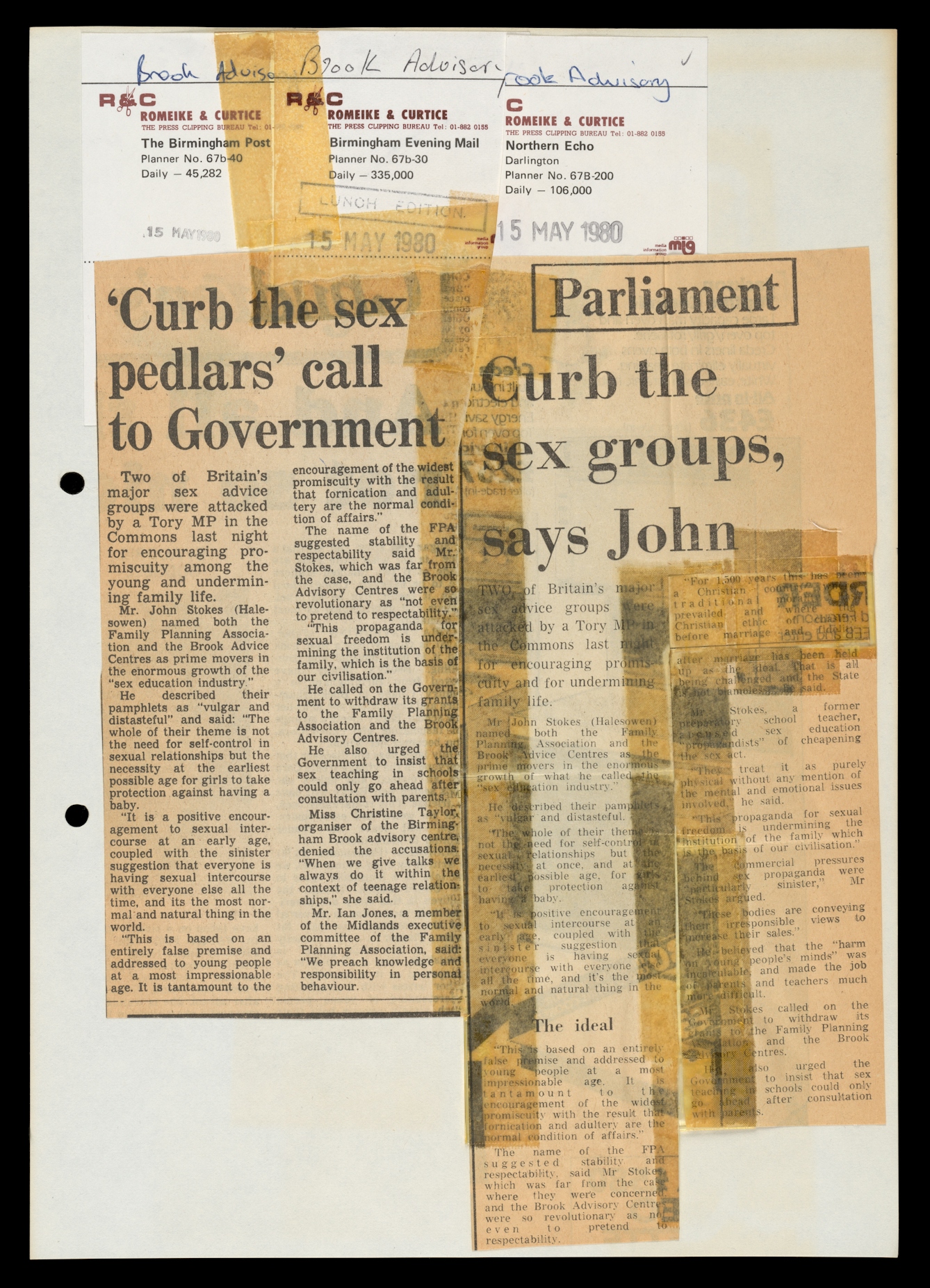 Photograph of archive material from the 1980s against a black background. The image shows an A4 sized hole punched piece of card with two yellowed newspaper cuttings sellotaped onto the card. The cutting on the left carries the headline, "'Curb the sex pedlars' call to Government". The cutting to the right carries the headline, "Curb the sex groups, says John".