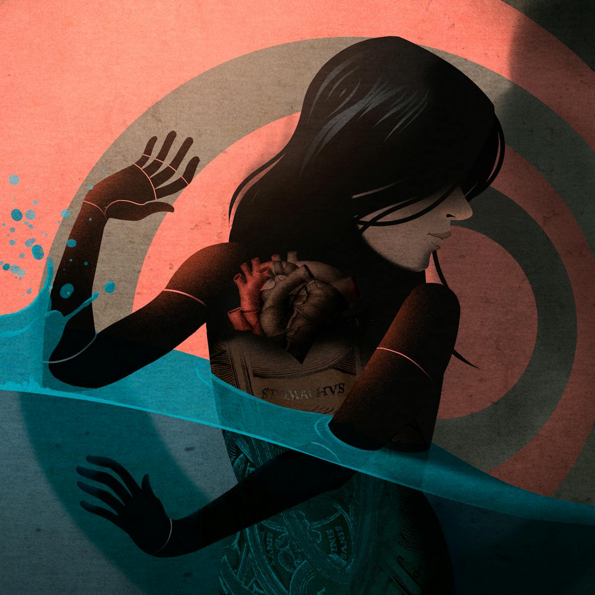 Illustration of a lone female figure stood in front of a background of concentric circles. She is holding up her arms against a swell of water approaching her from the lefthand side. The water surrounds her and washes away to the right. On the front of her torso are illustrations of internal organs, the stomach and heart. To her right her body is casting a large shadow against the background. The hues of the illustration are muted reds and blues.