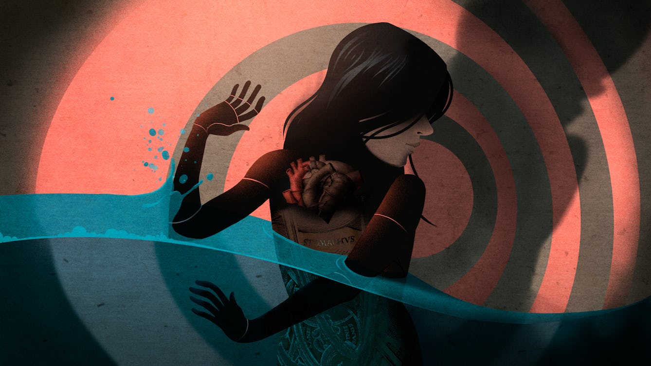 Illustration of a lone female figure stood in front of a background of concentric circles. She is holding up her arms against a swell of water approaching her from the lefthand side. The water surrounds her and washes away to the right. On the front of her torso are illustrations of internal organs, the stomach and heart. To her right her body is casting a large shadow against the background. The hues of the illustration are muted reds and blues.