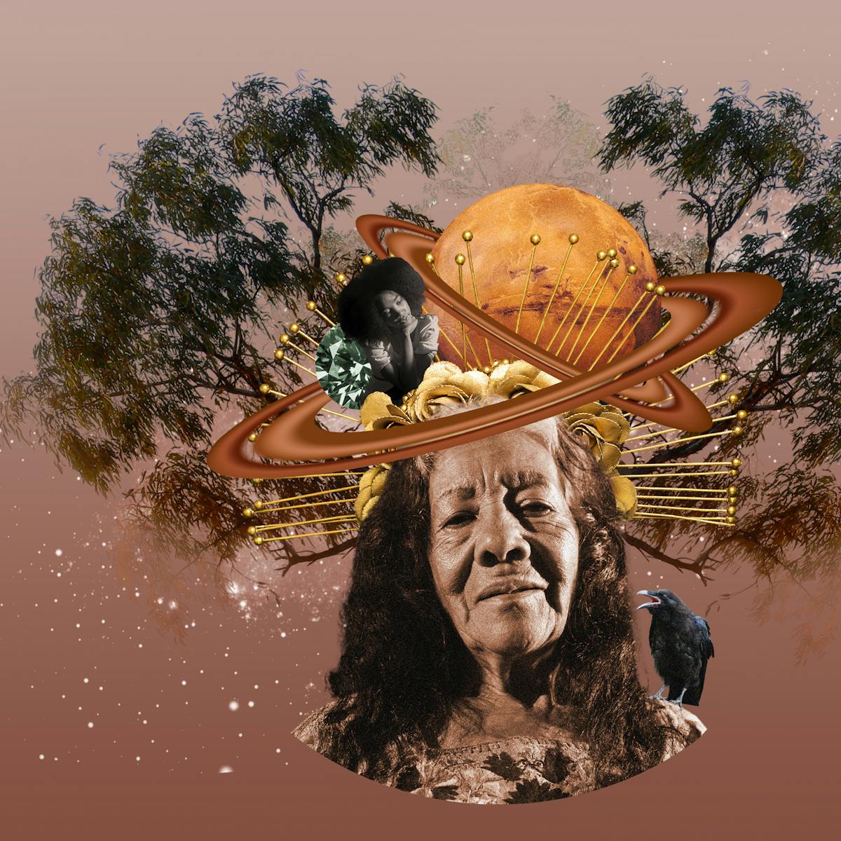 Digital collage artwork made up of rusts, orange and yellow hues. A cluster of collaged elements sit at the centre of the image. The atmosphere is one the natural world, female humanity and the wider cosmos A large central older female face looks out at us. Her head is framed by 2 symmetric trees, above her head is a Saturn-like planet, a small female figure rests on a golden headdress of rose petals. One the central figure's shoulder sits a crow, beak open.