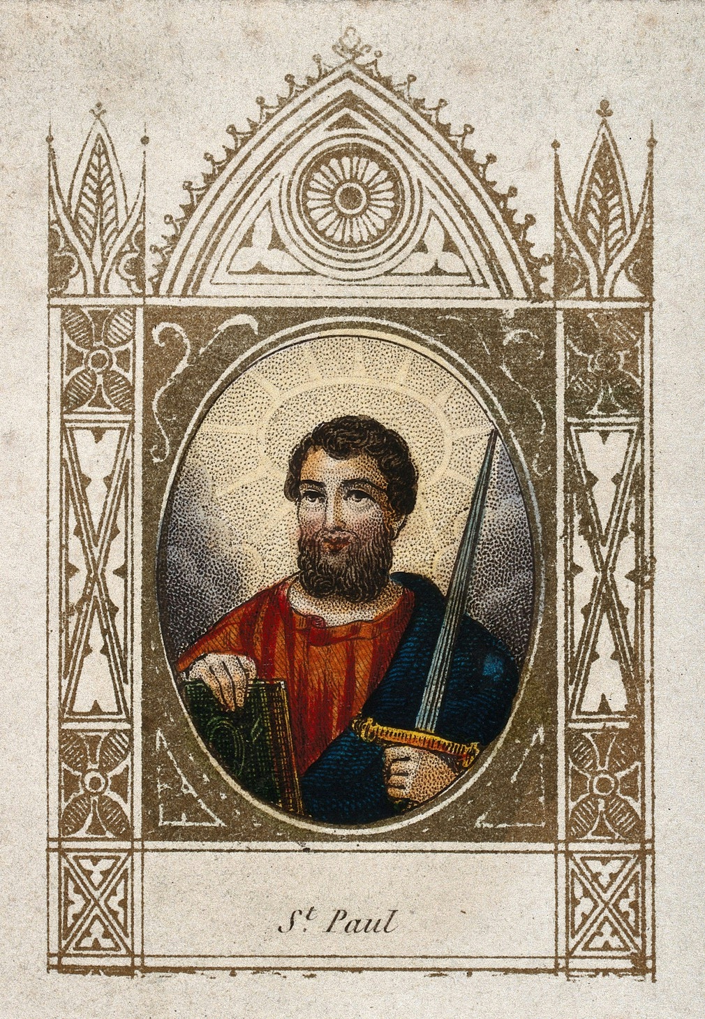 Ornate gold border around image of a bearded man holding a sword and a book.