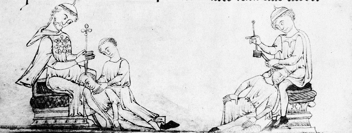 Black-and-white reproduction of a 13th-century illustration showing trephination. On the left, a seated figure holds an implement between two hands; one person has their head laid in this figure's lap, and another holds their head still whilst the implement appears to puncture it. On the right, a seated figure appears to be hammering a blade into the head of a person lying in his lap. 