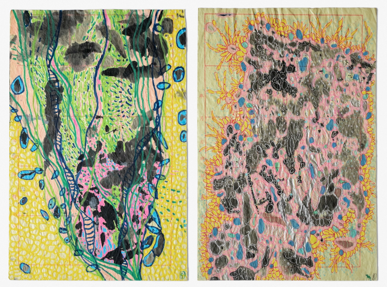 Photographic diptych of two abstract drawings on pink gridded Chinese calligraphy paper that is slightly crumpled and folded. On the left is an abstract mass of tiny green, pink and dark blue brushstrokes. These strokes are broken up by a number of green and blue lines which extend out from the bottom right of the page. There are some dark splodges ranging from grey to black, whilst surrounding the green and blue lines and forming the background is a collection of densely packed, hollow yellow circles. On the right we can see an abstract, cell like shape comprised of pink ink punctuated with both blue and black splodges with a faint thin white outline. The border is made up of small, yellow circular shapes with a thin red outline. These yellow shapes are packed closely together, and extend outwards from the central mass, giving it some small branches. 