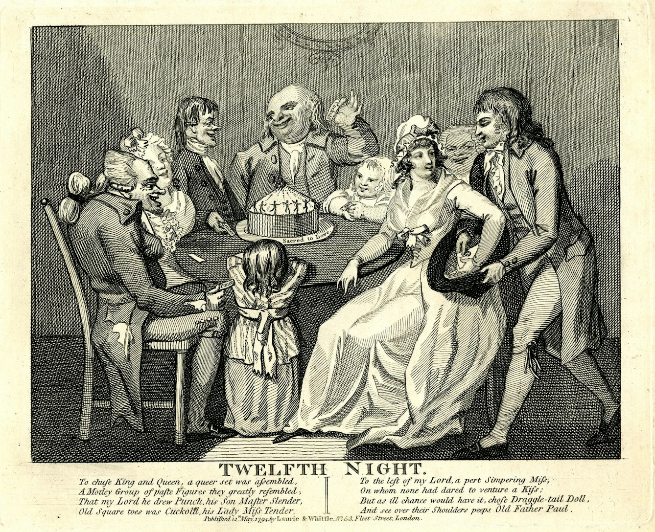 19th century etching showing a group gathered around a table for Twelfth Night. In the centre of the table is a large cake which is covered in icing showing figures dancing, the plate is engraved and text reads 'Sacred to love'. 

They have all drawn tickets apart from a young woman on the right, who a smiling young man holds out a hat with a ticker inscribed 'Miss Tender', while he slips a letter into her hand. A hunched elderly man, has drawn 'Punch'. 

There is text below the etching reading: 
'To chuse King and Queen, a queer set was assembled,
A Motley Group of paste Figures they greatly resembled,
That my Lord he drew Punch, his Son Master Slender
Old Square toes was Cuckold, his Lady Miss Tender.
To the left of my lord a pert Simpering Miss,
On whom none had dared to venture a Kiss;
But as ill chance would have it, chose Draggle-tail Doll,
And see over their Shoulders peeps Old Father Paul. 
12 May 1794'. 