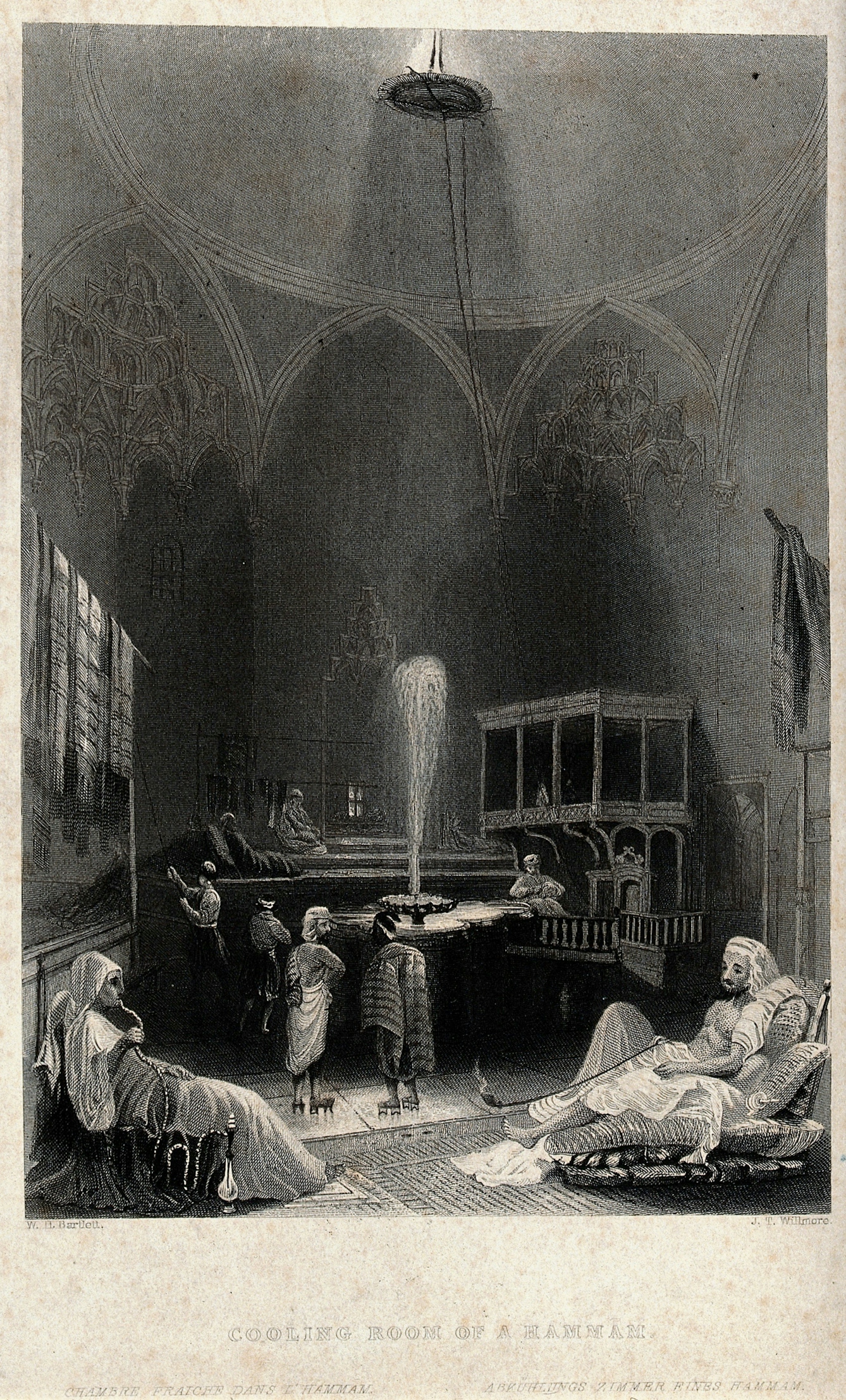 Black and white engraving depicting the cooling room of a hammam, showing people reclining and smoking around a fountain.