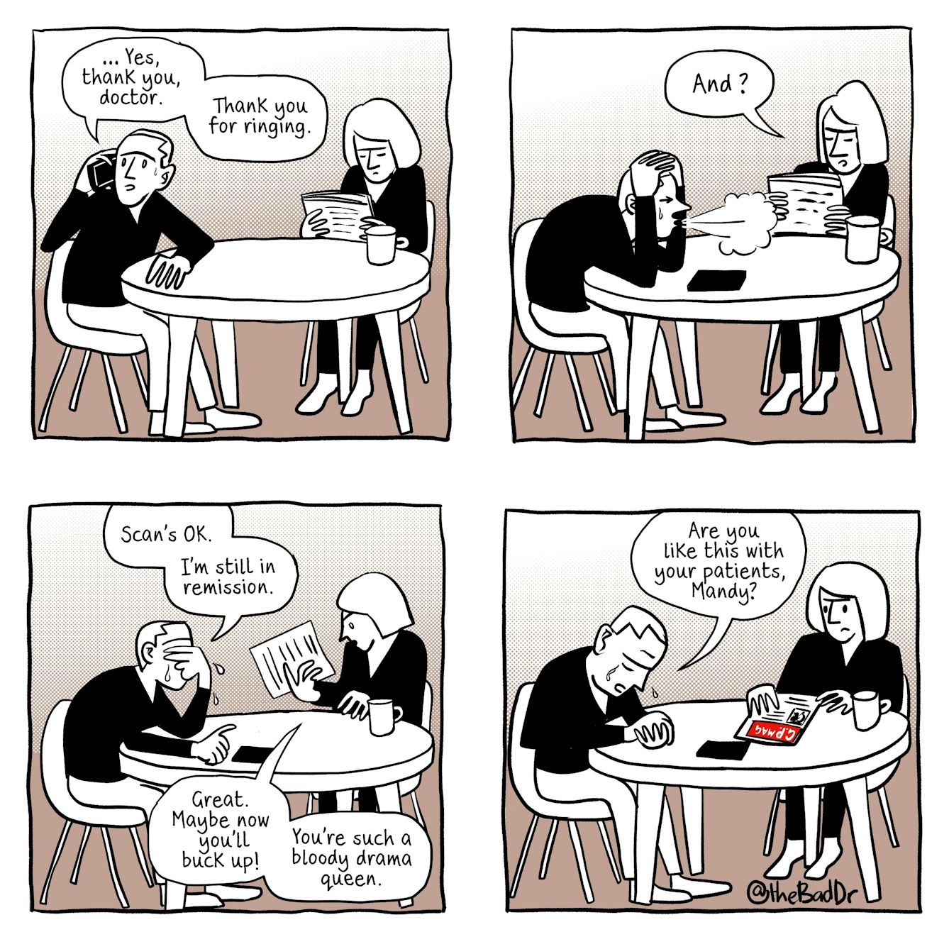 A four panel comic.
The first panel shows a man and woman sat at a table. The woman is concentrating on a newspaper. The man is speaking on the phone, and looks distressed, with wide eyes and a bead of sweat running down his face. A speech bubble comes from him and reads '... Yes thank you, doctor. Thank you for ringing.'
The second panel shows the same two characters. The man has hung up the phone, which is now sat on the table. He breathes out a visible sigh of relief and is resting his head and elbows on the table. The woman continues to read her newspaper. A speech bubble from her reads 'And?'
The third panel shows the same two characters. The man is slumped over, covering his face with his hand, and tears of relief are running off his face. Speech from him reads 'Scan's OK. I'm still in remission.' The woman is examining her newspaper. Speech from her reads 'Great. Maybe now you'll buck up! You're such a bloody drama queen!'
The fourth panel shows the same two characters. The man is slumped over, with tears running down his face. He looks defeated. Speech from him reads 'Are you like this with your patients, Mandy?' The woman is looking up at the man sheepishly.