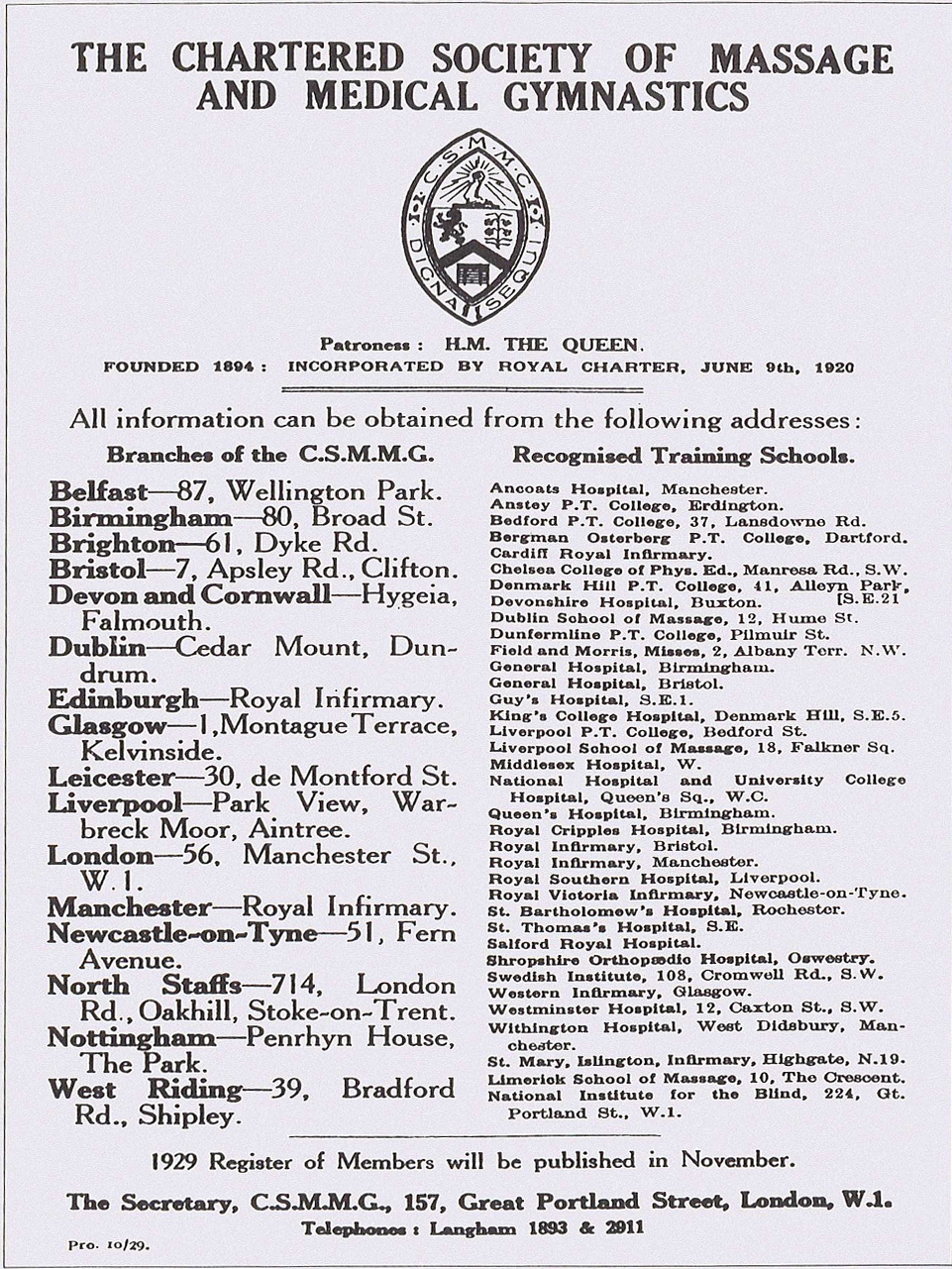Advertisement page headed 'The Chartered Society of Massage and Medical Gymnastics, Patroness: H.M. The Queen' featuring a crest and a list of names of branches and recognised training schools.