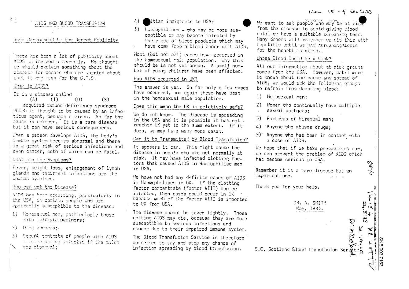 Black and white typed page titled "AIDS and Blood Transfusion", signed Dr A. Smith and dated May, 1983. Headings include "Has AIDS occured in the UK?" and "Whose blood could be a risk?"