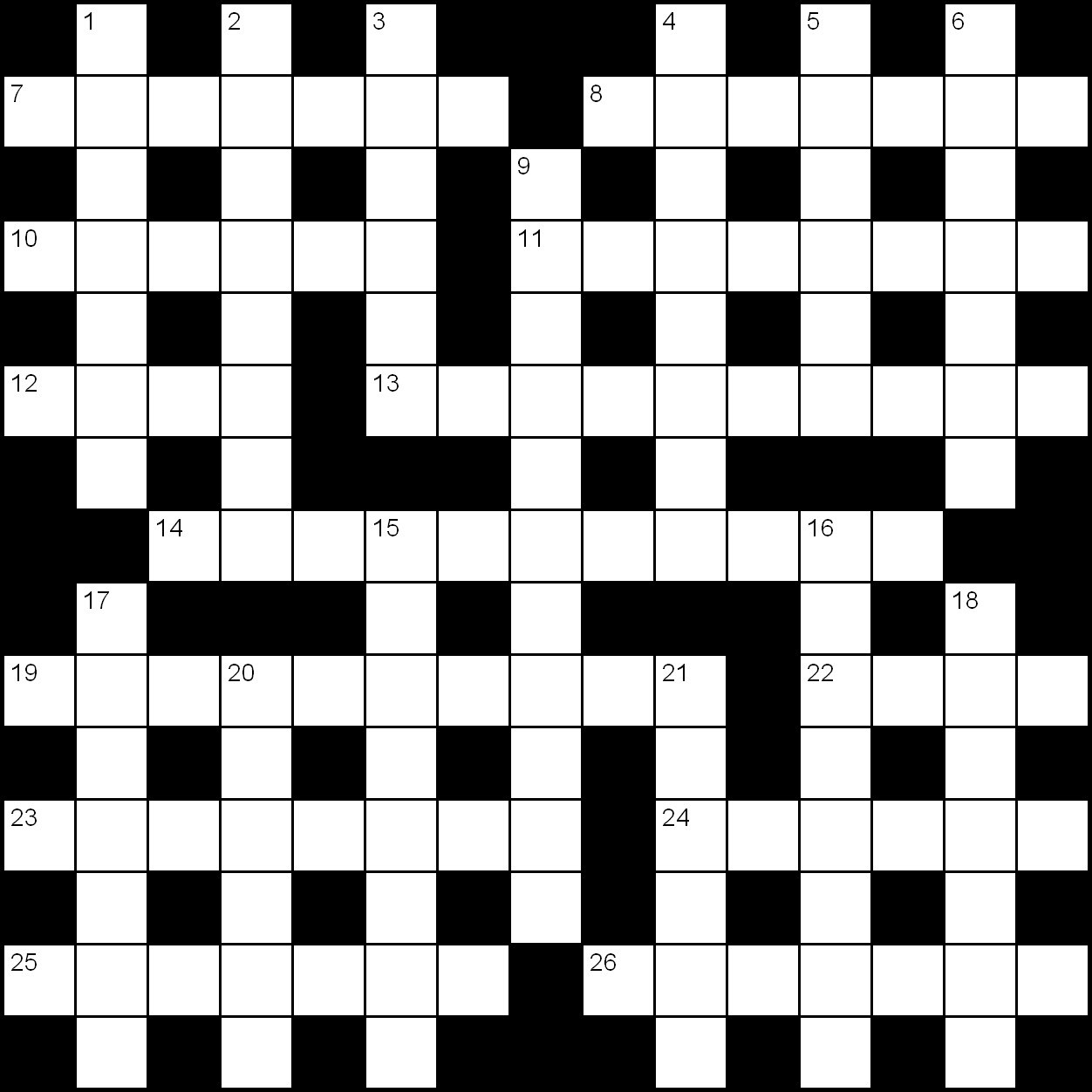 An image of a 15 x 15 black and white crossword grid, with no answers filled in.