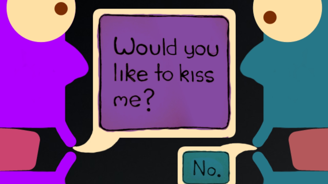 An illustration of two faces, side on. The face on the left is asking 'Would you like to kiss me?' in a speech bubble. The face on the right is replying 'no'.