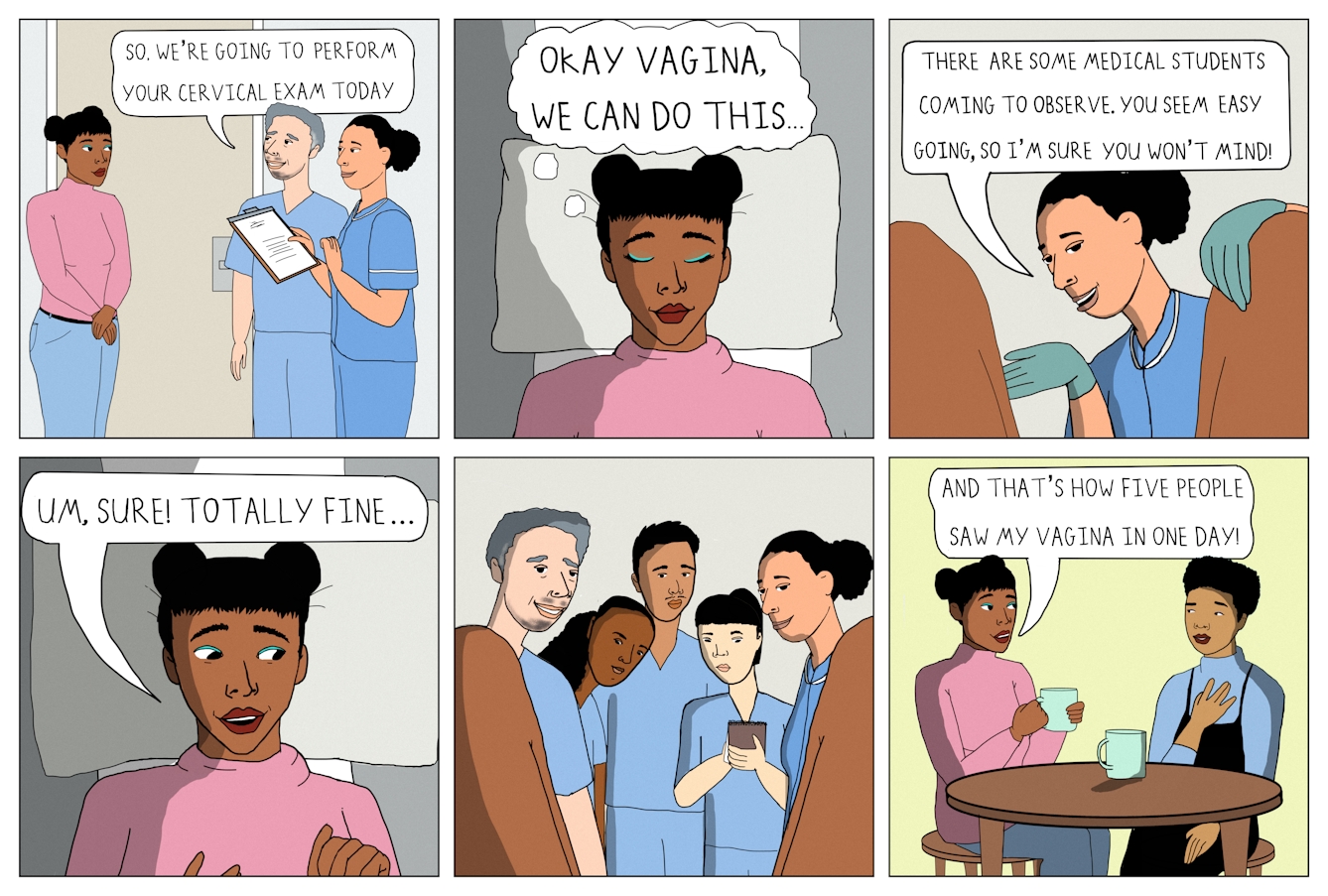 Six panel colour comic strip in a grid of 3 panels wide by 2 panels high.  

Panel one shows a woman standing in front of a door speaking to two medical professionals. She is wearing a pink jumper and blue jeans, with her hair in two buns. She looks unsure. The two medical professionals are wearing blue scrubs, the person on the left has a speech bubble reading 'So. We're going to perform your cervical exam today.' The person on the right is holding a clipboard, they are both smiling. 

Panel two shows the woman in the pink jumper lying with her head on a pillow, she looks calm. A thought bubble from her head reads 'Okay vagina, we can do this...'

Panel three shows the woman's knees bent and a smiling medical professional between them, resting her gloved hand on her knee. A speech bubble from her reads 'There are some medical students coming to observe, you seem easy going, so I'm sure you won't mind.' 

Panel four shows the woman in the pink jumper with her head on the pillow, looking slightly uncomfortable. A speech bubble reads 'Um, sure! Totally fine...'

Panel five shows her knees bent and a group of five medical professionals standing in front of her. They are all looking at her and one of them is holding a notepad, writing in it. 

Panel six shows the woman in the pink jumper with a friend sitting at a table. She is holding a blue mug and a speech bubble reads 'And that's how five people saw my vagina in one day!' Her friend is wearing a blue jumper with a black jumpsuit over this, they have short black hair. 